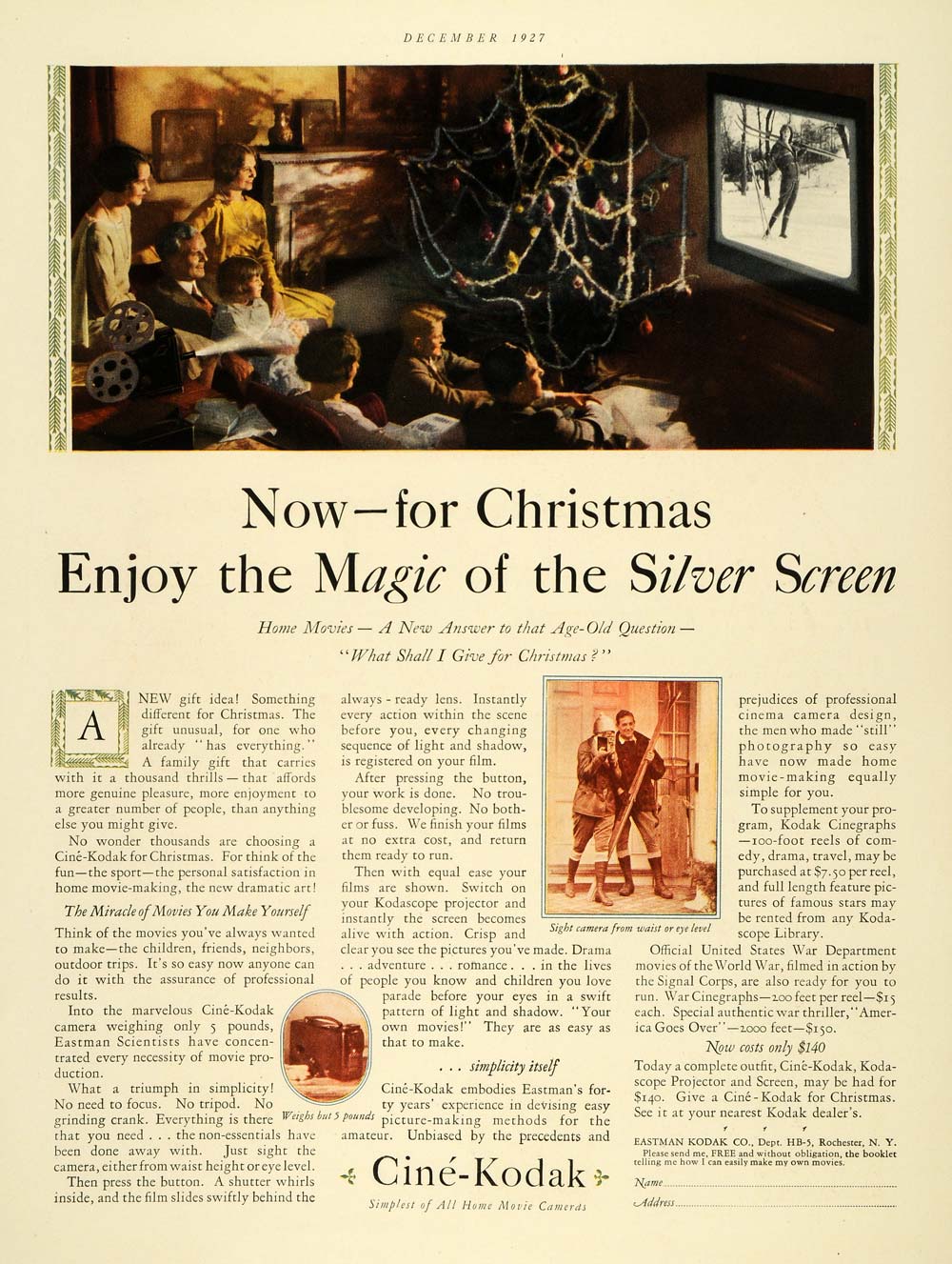 1927 Ad Eastman Cine Kodak Movie Projector Christmas - ORIGINAL ADVERTISING THB1
