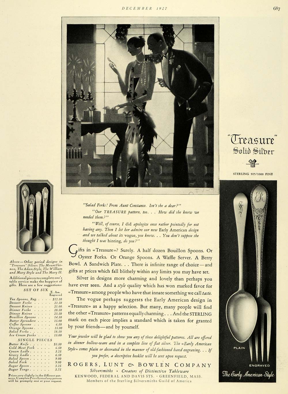 1927 Ad Rogers Lunt Bowlen Early American Silverware - ORIGINAL ADVERTISING THB1