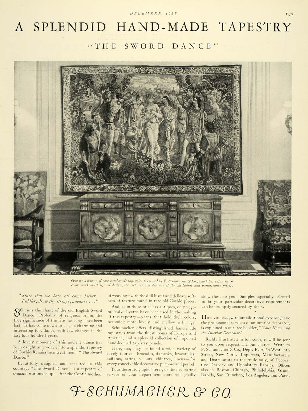 1927 Ad F Schumacher Sword Dance Tapestries Home Decor - ORIGINAL THB1