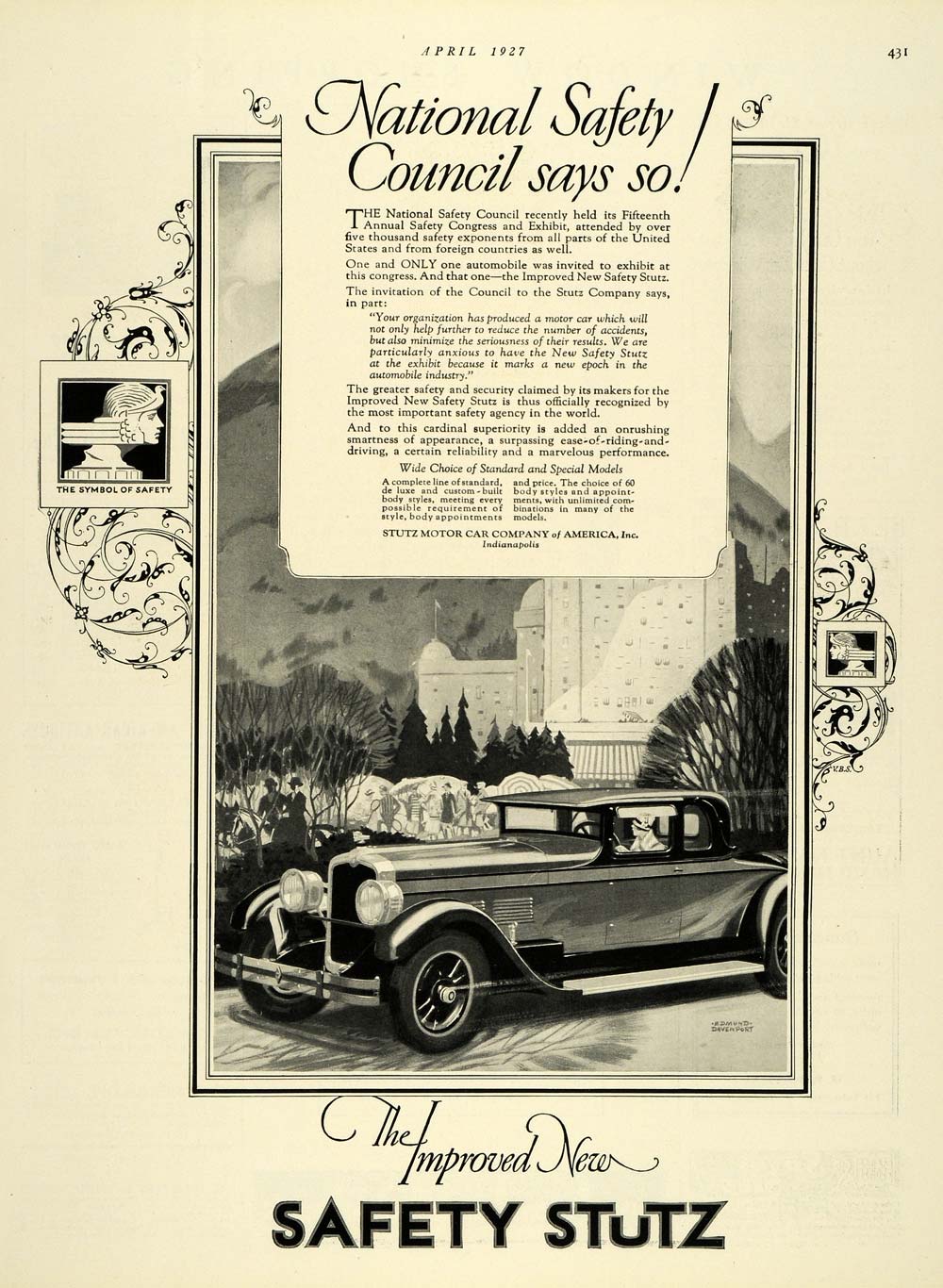 1927 Ad Edmund Davenport Art Safety Stutz Antique Car - ORIGINAL THB1
