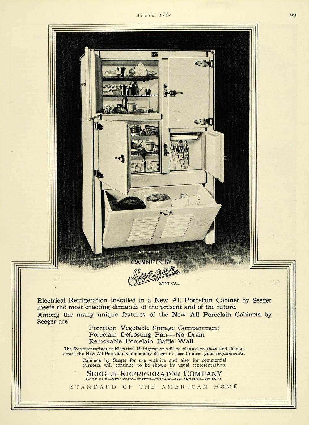 1927 Ad Seeger Porcelain Refrigerator Cabinet Appliance - ORIGINAL THB1 - Period Paper
