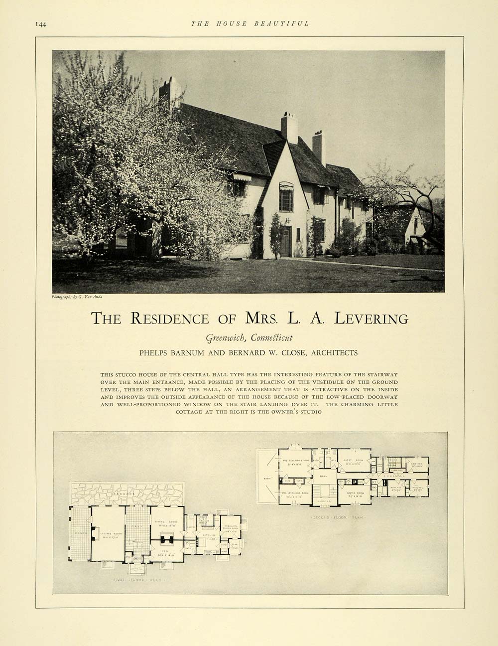 1926 Print L. A. Levering Home Greenwich Conn Architect ORIGINAL HISTORIC THB1