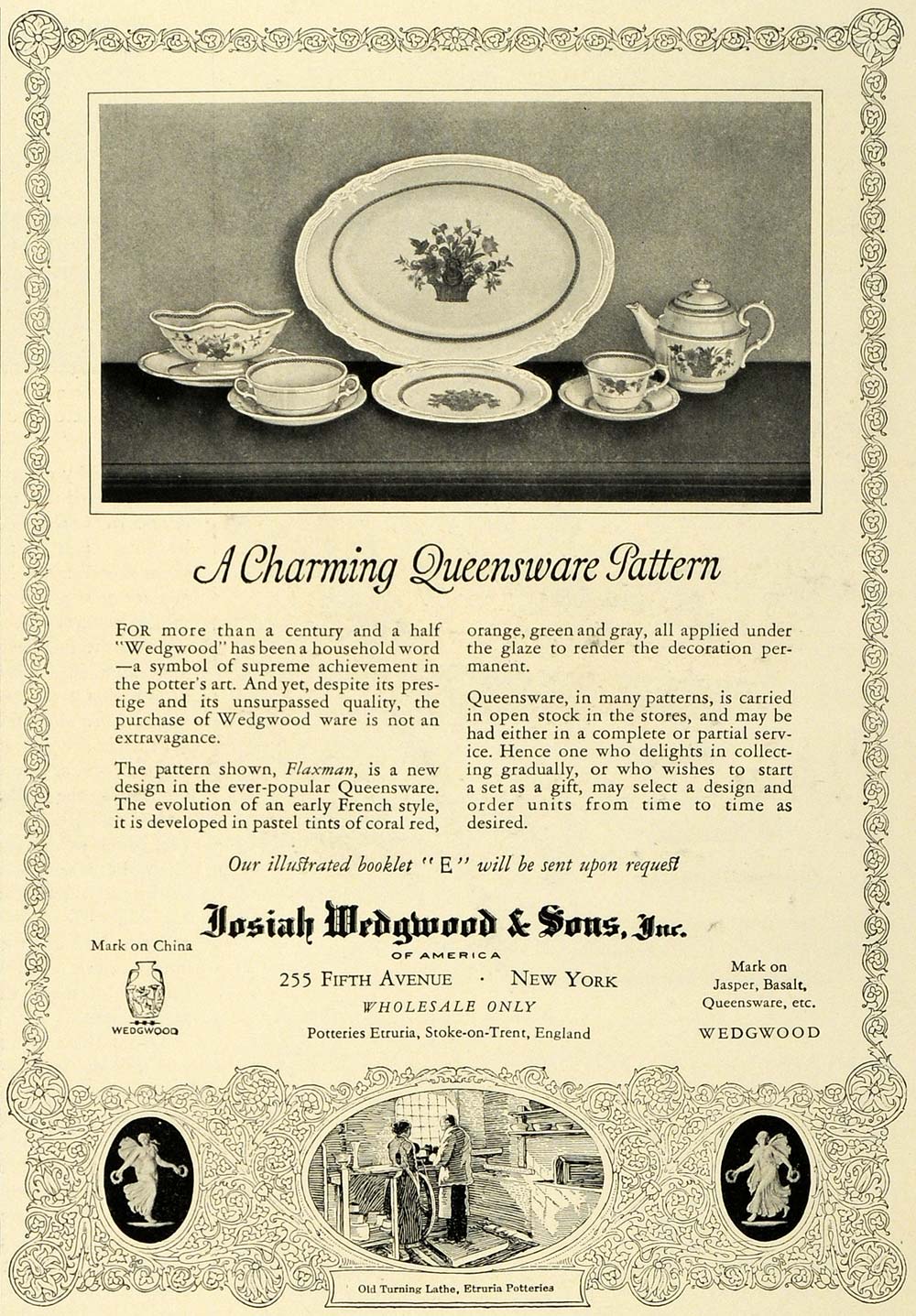1925 Ad Josiah Wedgwood Queensware Pattern Fine China - ORIGINAL THB1