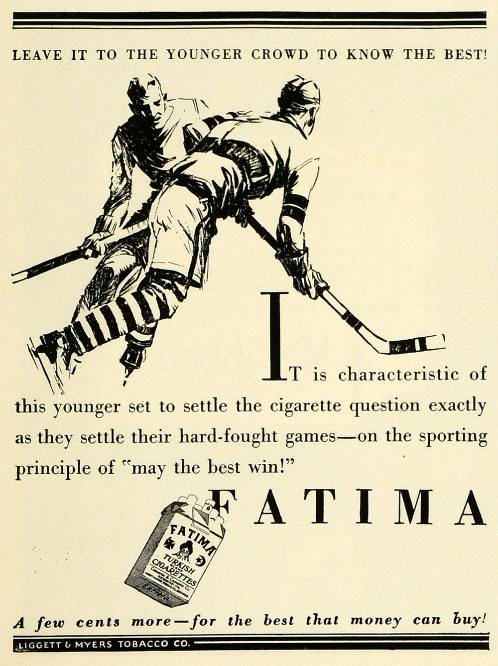 1927 Ad Fatima Cigarettes Ligget Myers Tobacco Hockey - ORIGINAL THB1