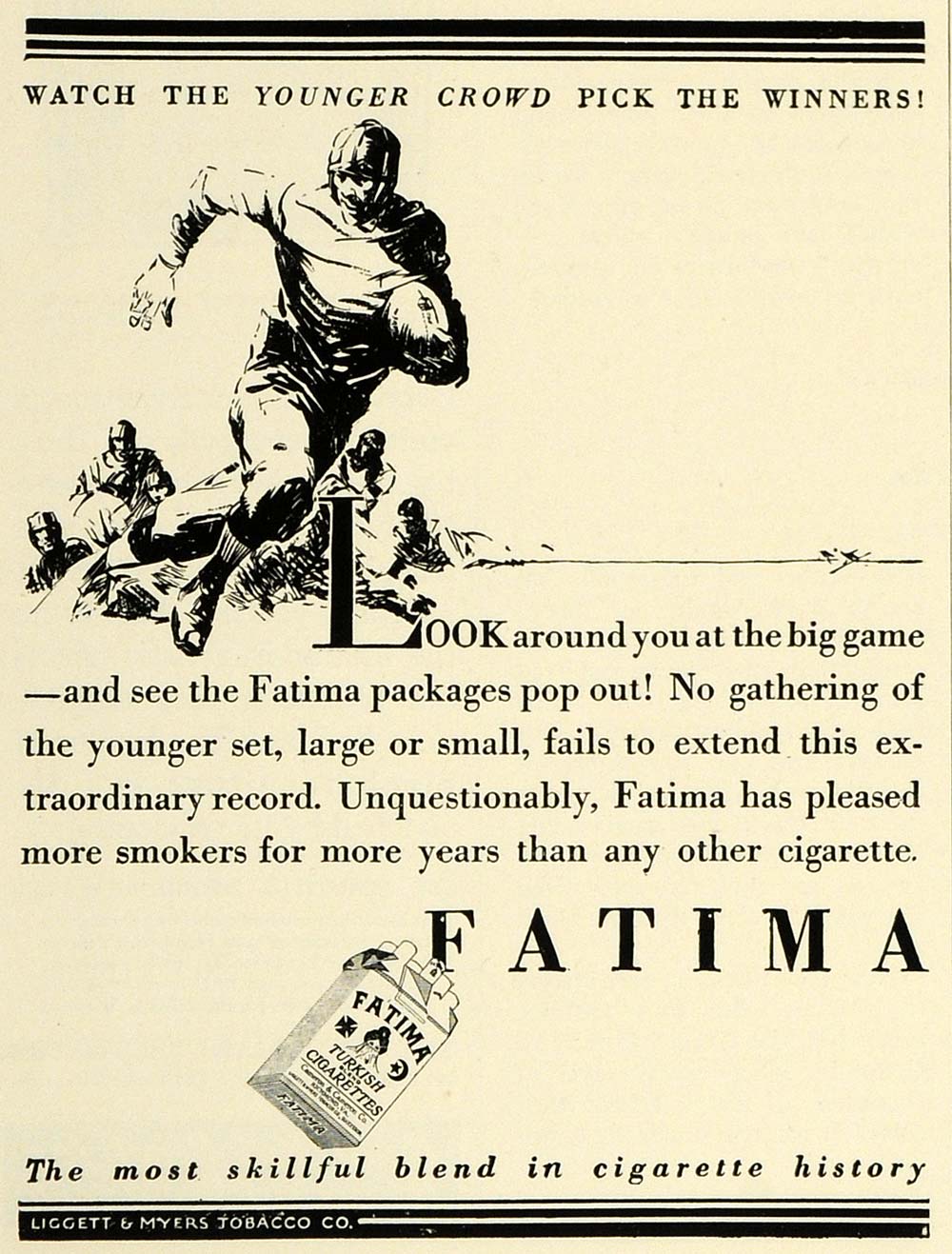 1927 Ad Fatima Cigarette Liggett Myers Tobacco Football - ORIGINAL THB1