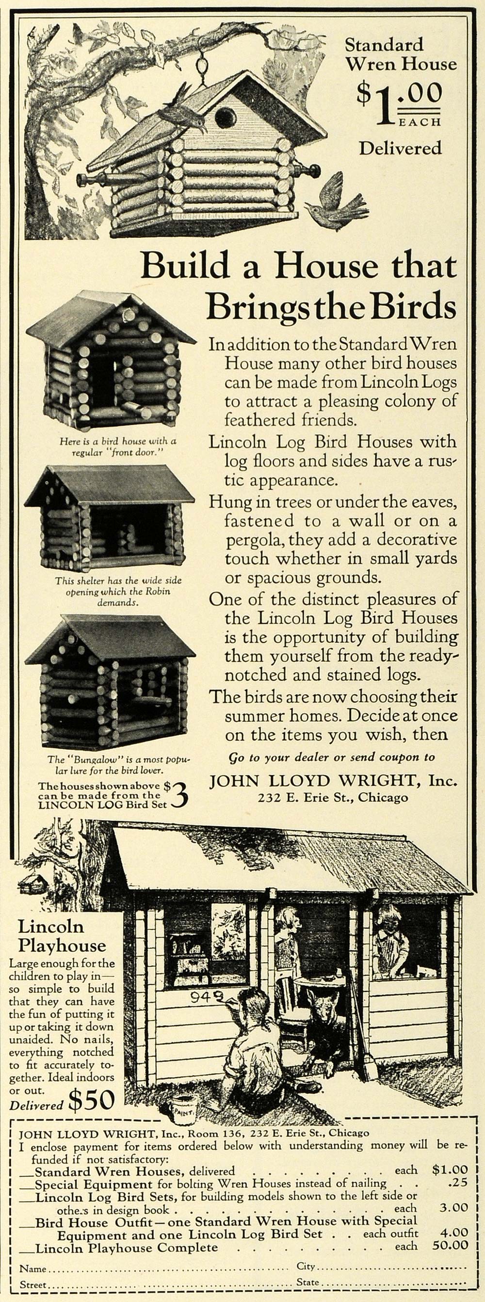 1925 Ad John Lloyd Wright Playhouse Bird House Chicago - ORIGINAL THB1