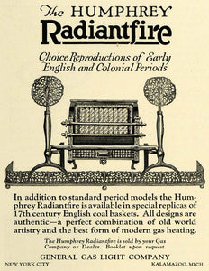 1925 Ad Humphrey Radiantfire Home Fireplace Coal Basket - ORIGINAL THB1