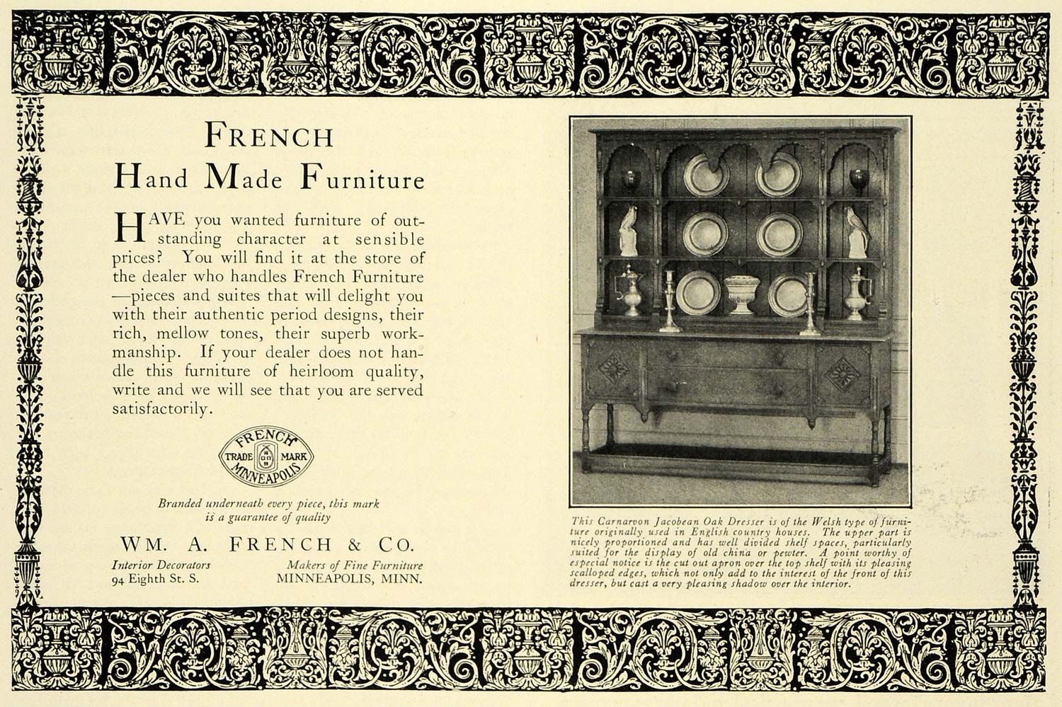 1925 Ad WM. A. French Furniture Jacobean Oak Dresser - ORIGINAL ADVERTISING THB1