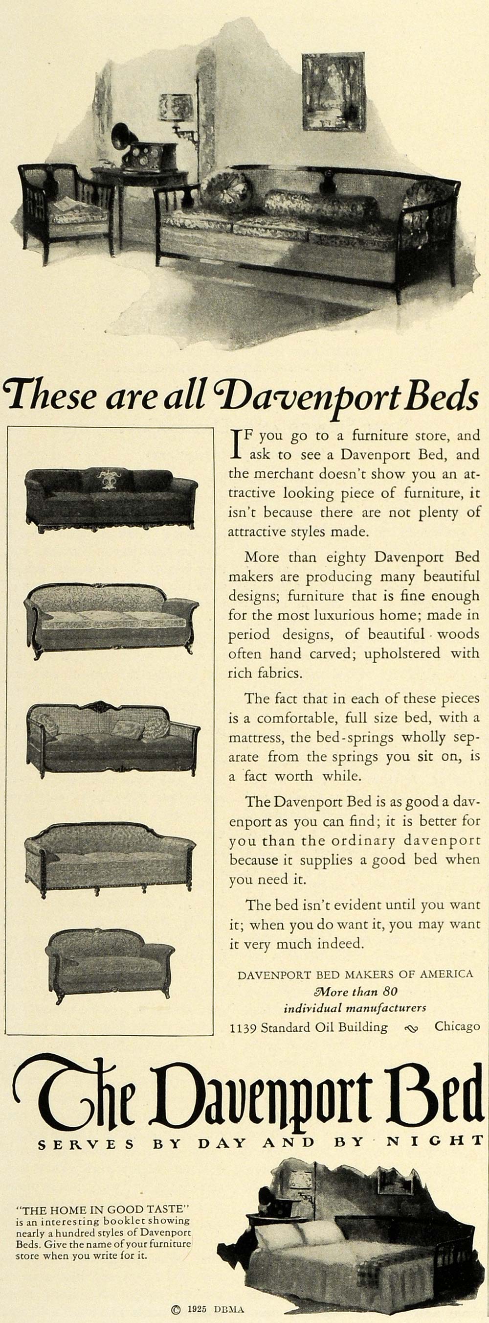 1925 Ad Transforming Furniture Davenport Bed Chicago - ORIGINAL ADVERTISING THB1