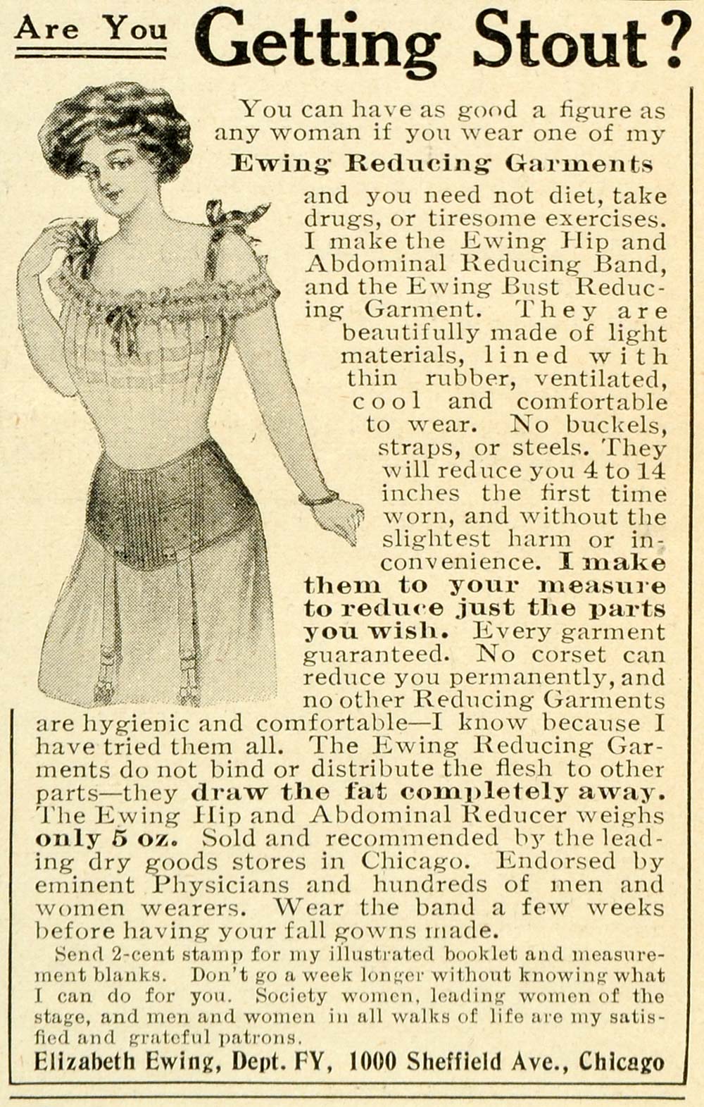 1908 Ad Elizabeth Ewing Reducing Garment Health Beauty Fat Women Clothing THK1
