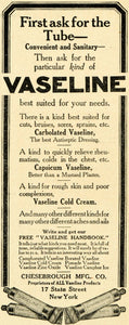 1908 Ad Vaseline Tube Chesebrough Capsicum Antiseptic Health Pain Medicine THK1