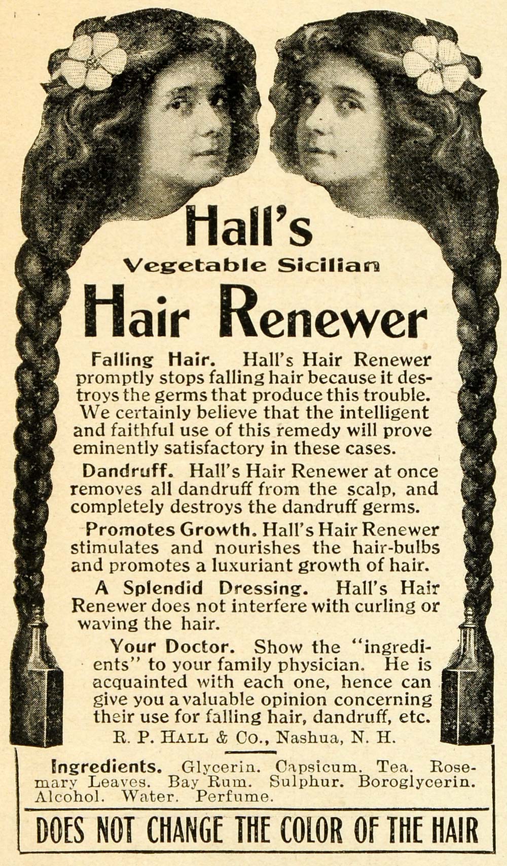 1908 Ad Hall's Vegetable Sicilian Hair Renewer Glycerin Hairstyle Braid THK1