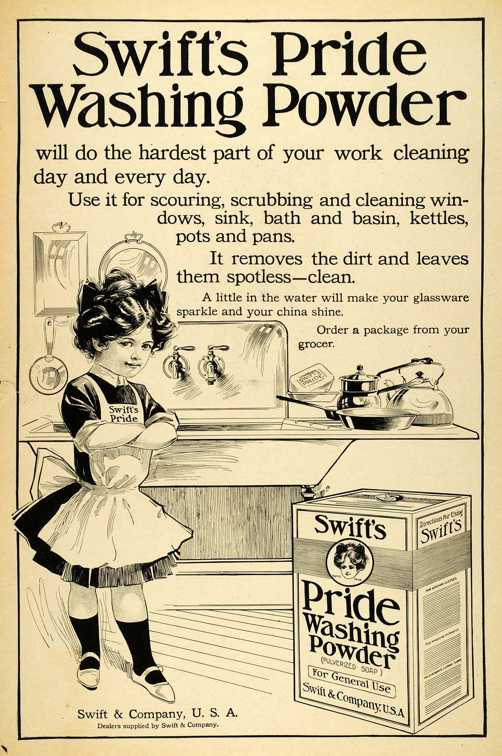 1908 Ad Swift's Pride Washing Powder Box Household Chores Cleaning Girl THK2