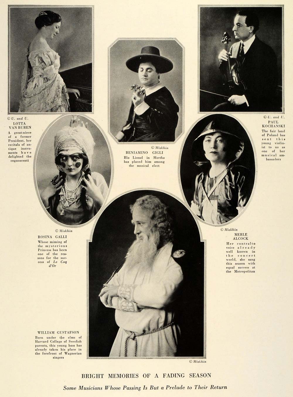 1924 Print Lotta Van Buren Gigli Merle Alcock Kochanski Musicians Stage THM