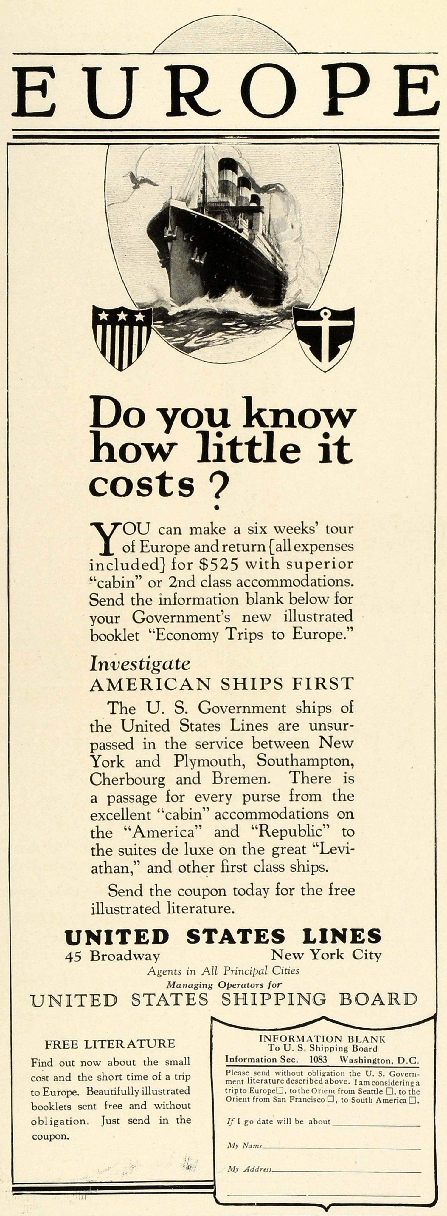 1924 Ad United States Lines Cruise Europe Ships Republic America Vacation THM