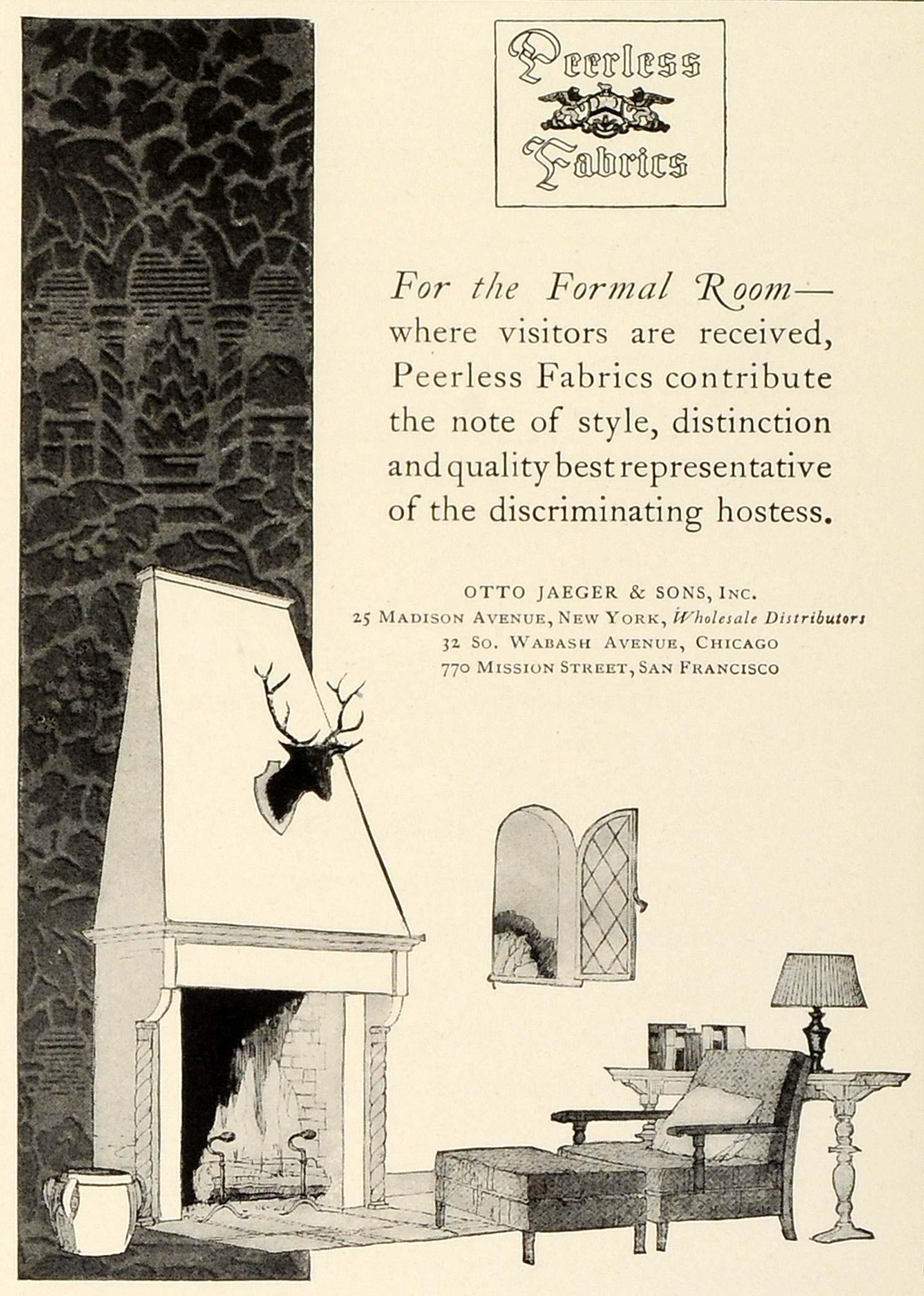 1924 Ad Otto Jaeger New York Peerless Fabrics Formal Room Interior THM