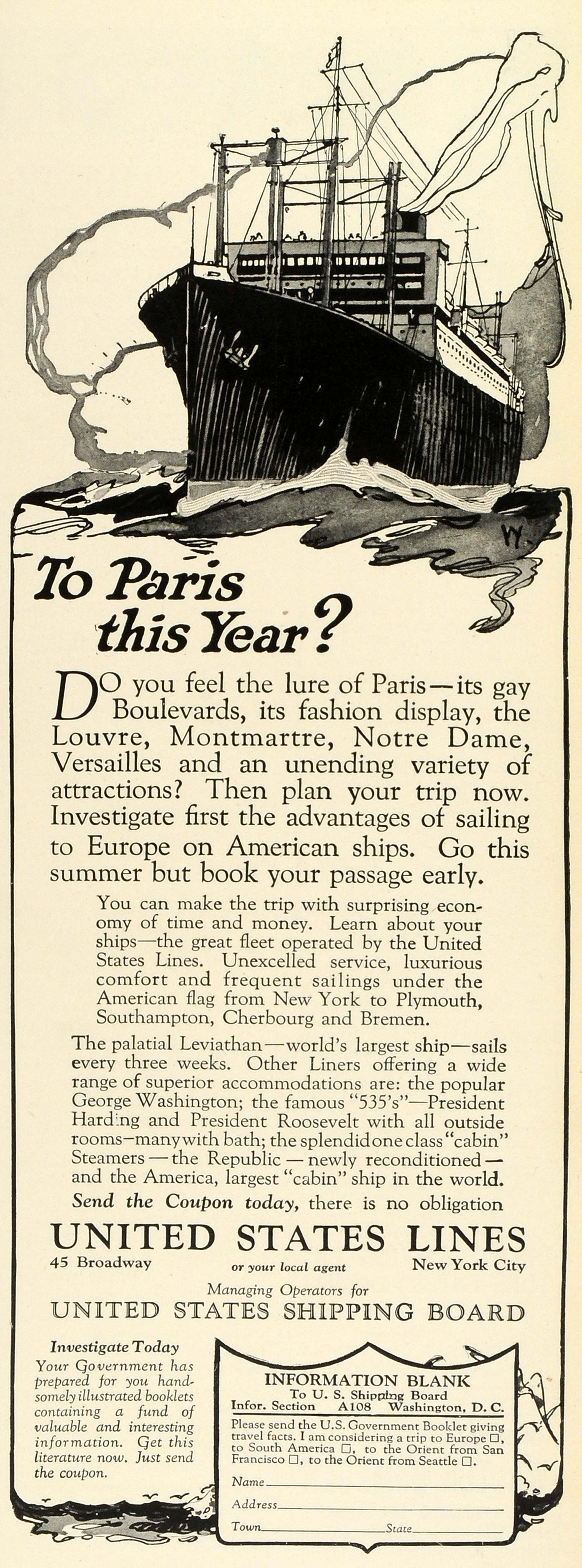 1924 Ad United States Lines Cruise Liner Ship Vacation Paris France European THM