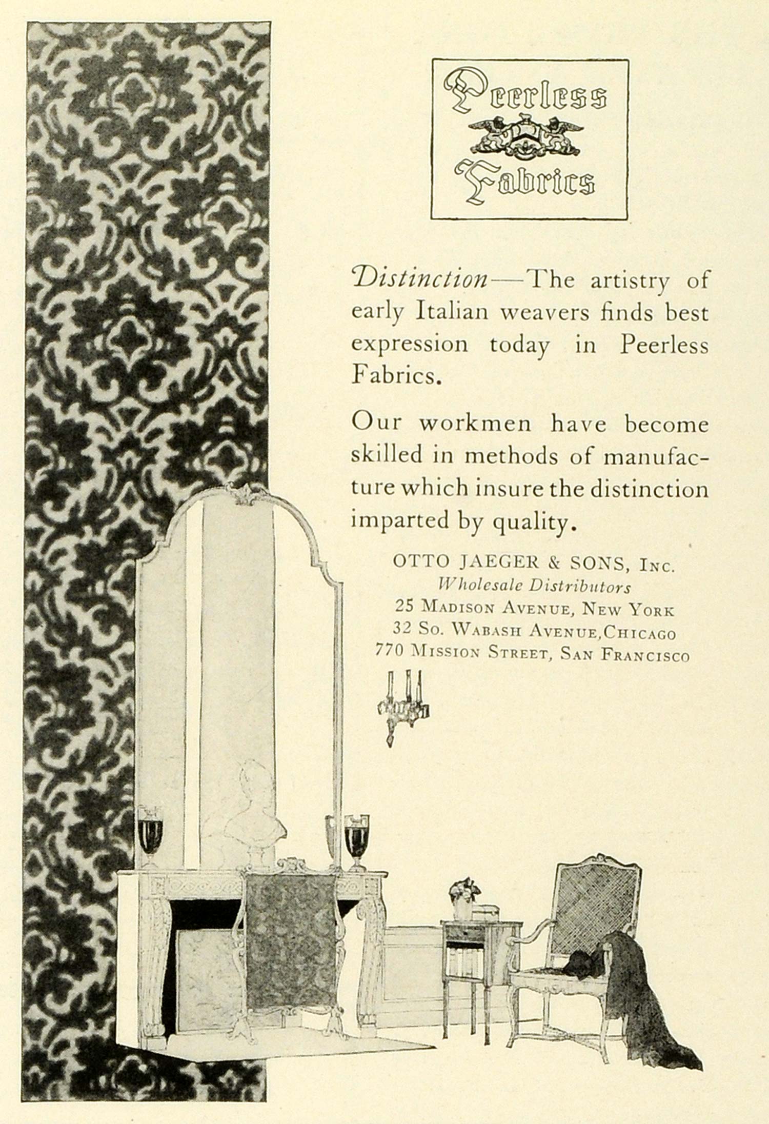 1924 Ad Otto Jaeger Peerless Fabrics Interior Design Decoration Upholstery THM