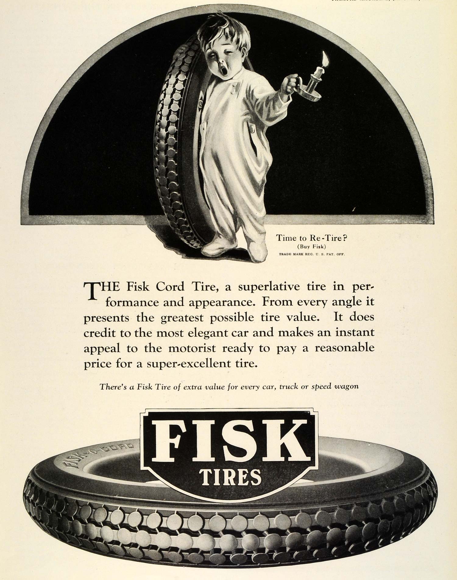 1924 Ad Fisk Rubber Cord Tires Car Parts Sleepy Baby Candlestick Trademark THM
