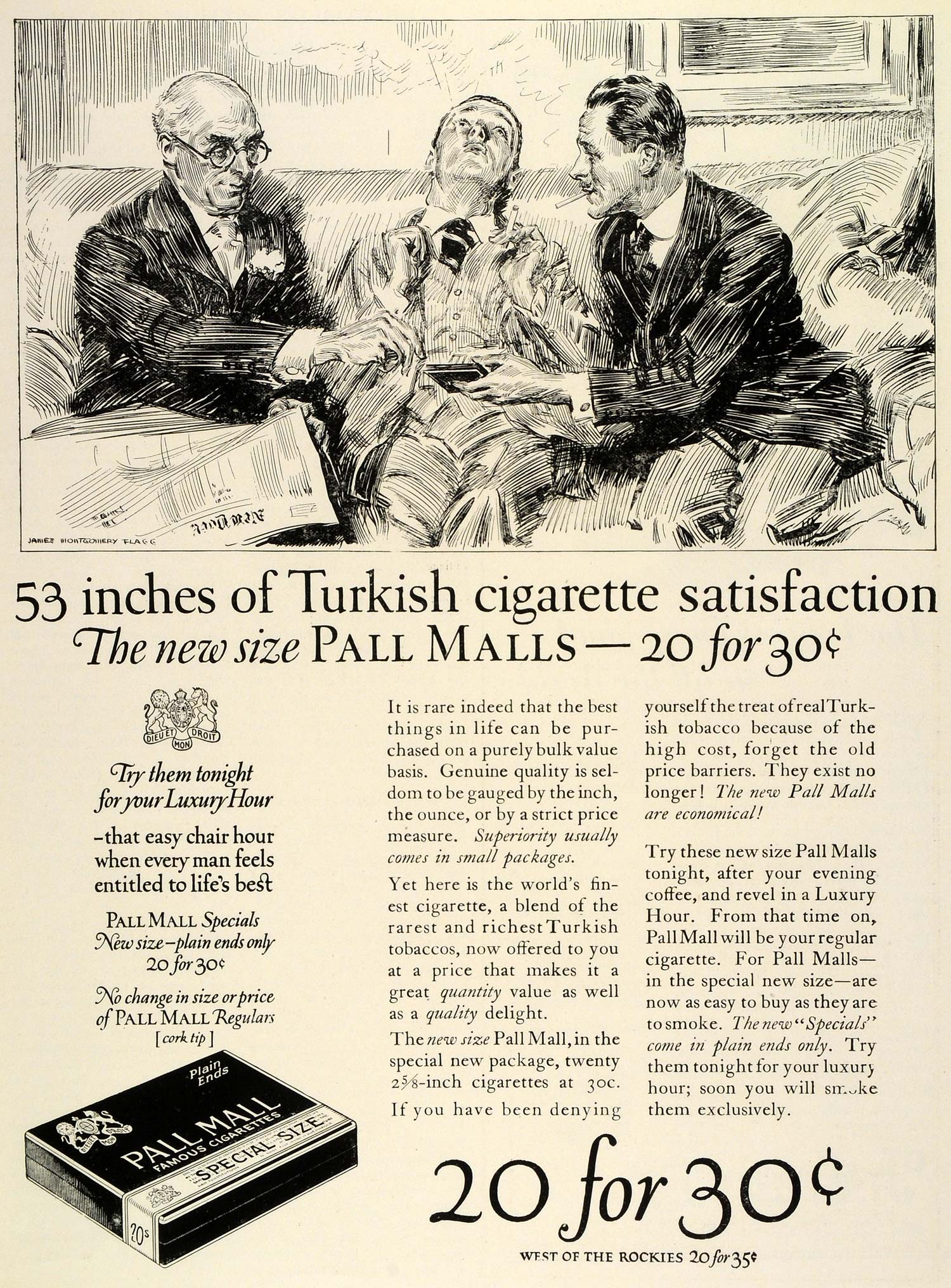 1924 Ad Pall Mall Tobacco Cigarettes Men Smoking James Montgomery Flagg THM