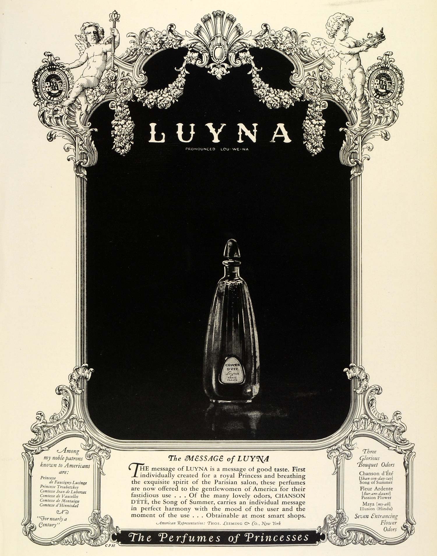 1924 Ad Princess Perfumes Thomas Leeming Chanson Dete Luyna Fragrance Bottle THM