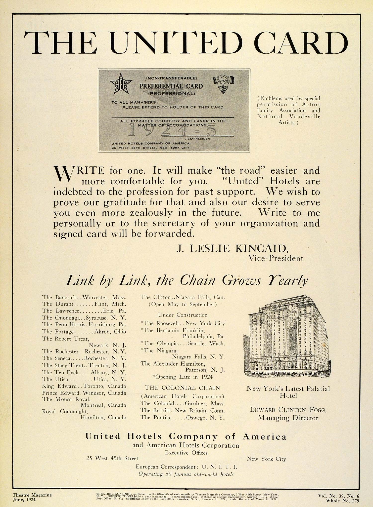 1924 Ad United Hotels America Members Preferential Card J. Leslie Kincaid THM