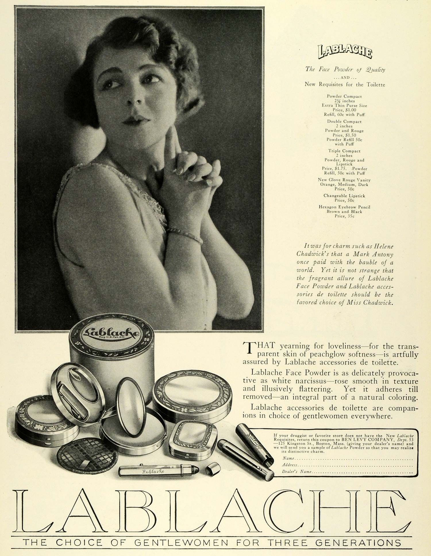 1924 Ad LaBlanche Makeup Cosmetics Beauty Silent Film Actress Helene THM