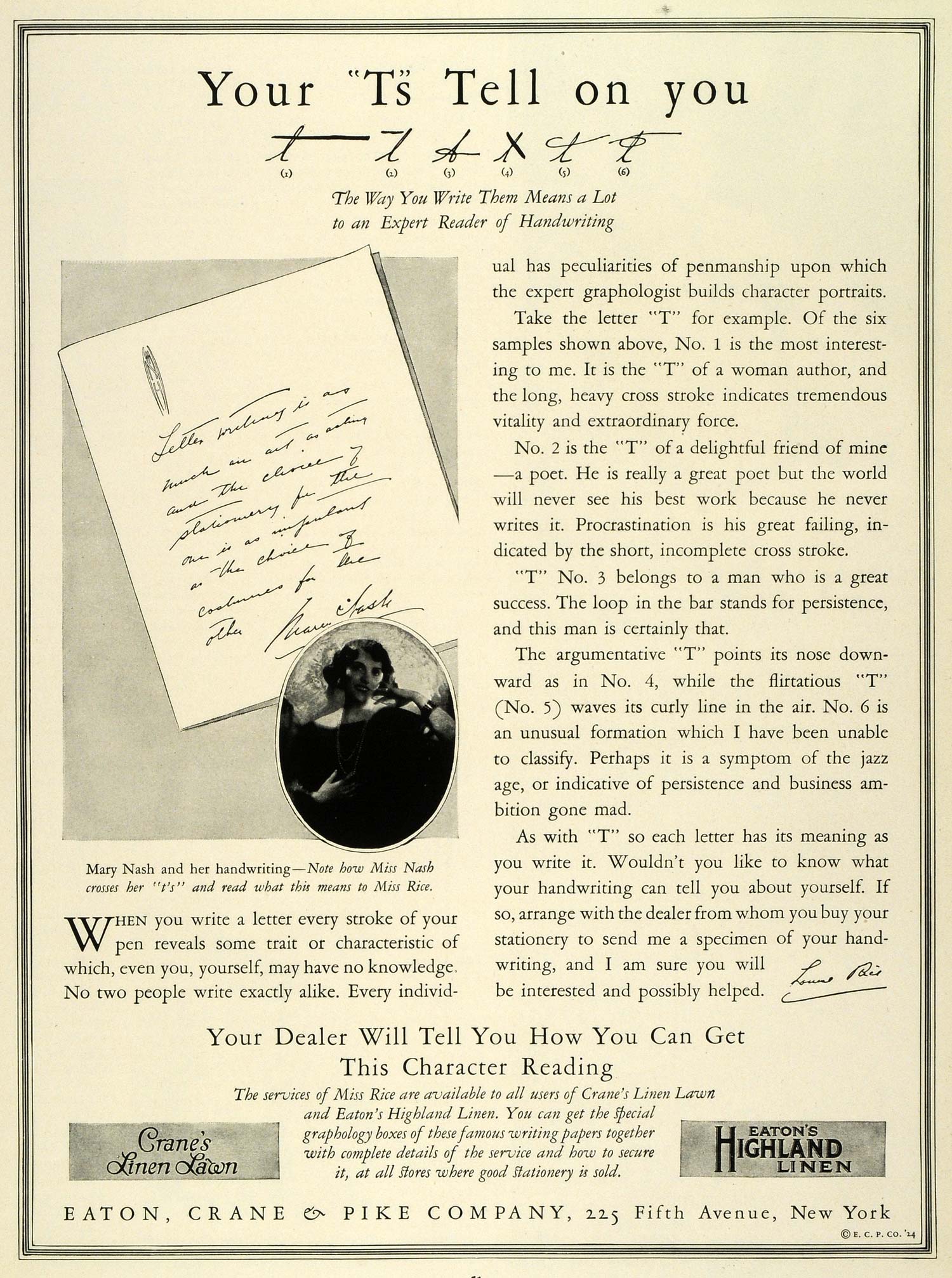 1924 Ad Eaton Crane Pike Highland Paper Handwriting Interpretation Mary Nash THM