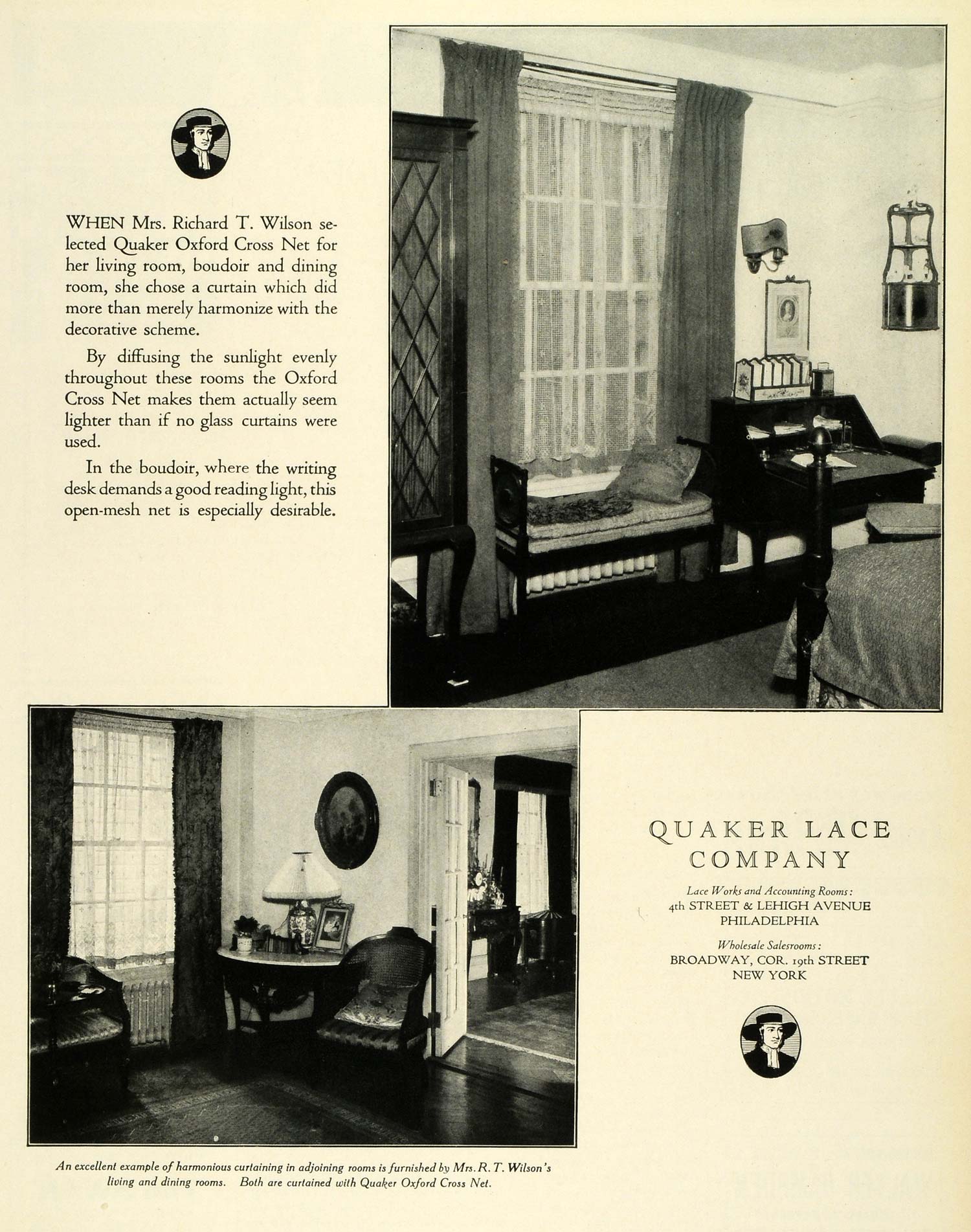 1924 Ad Quaker Lace Oxford Cross Net Draperies Home Decor Mrs. Richard T THM