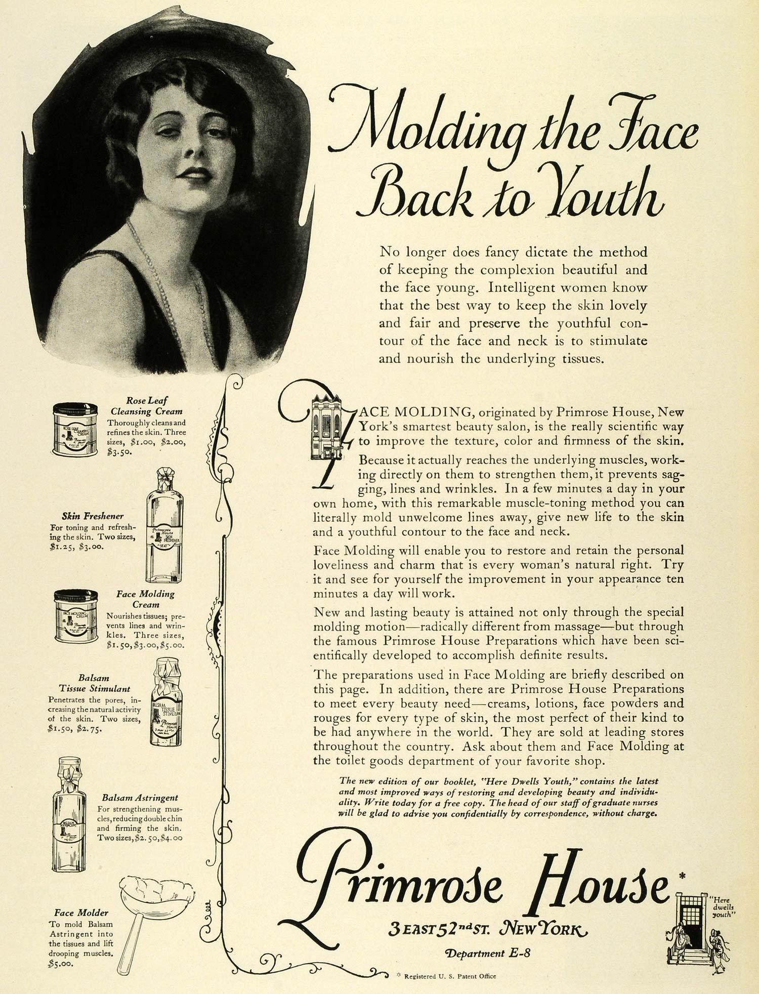 1924 Ad Face Molding Primrose House Skin Care Toiletries Anti Aging Beauty THM