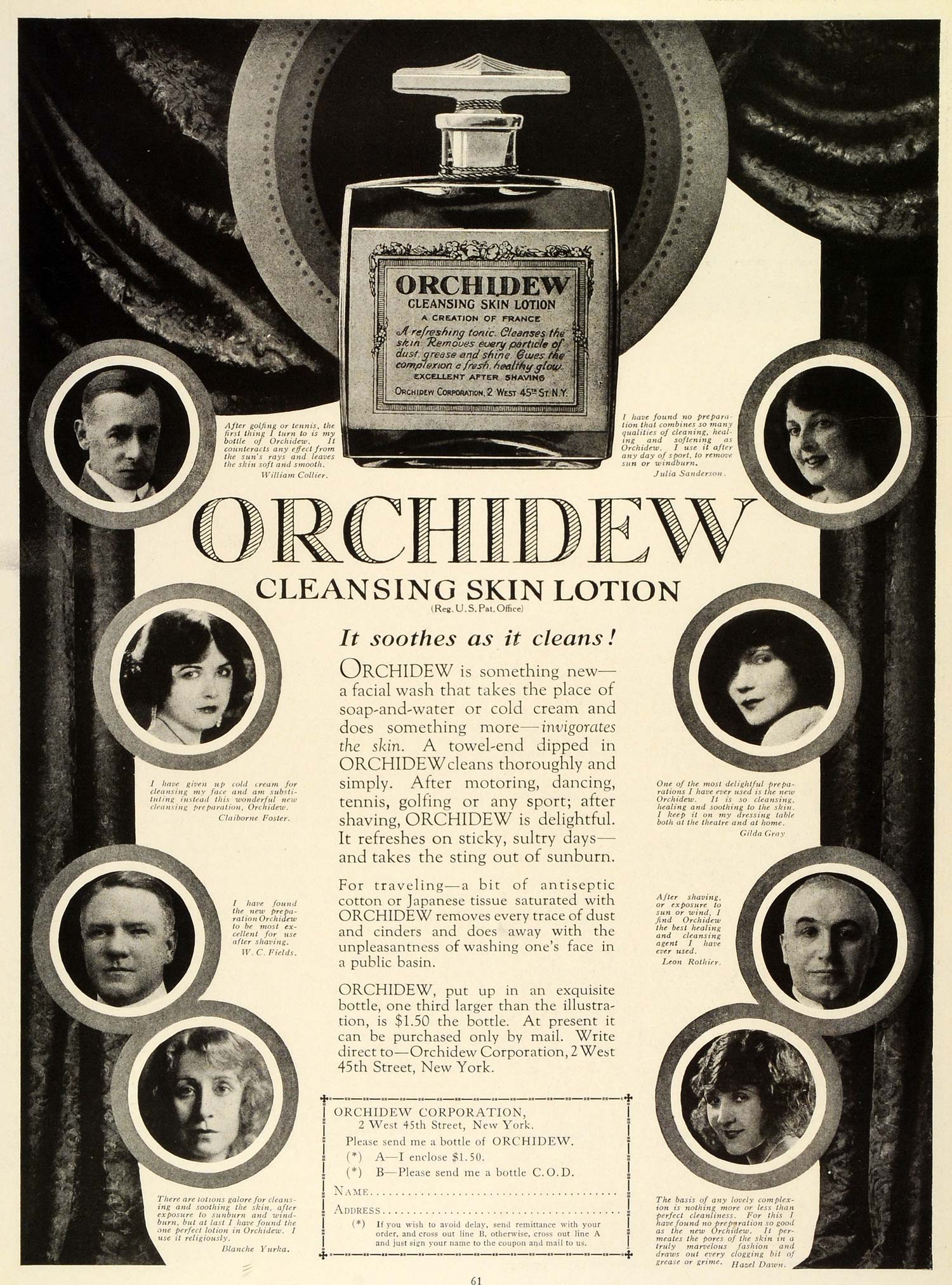 1924 Ad Orchidew Cleansing Skin Lotion Bottle Celebrity Testimonials THM