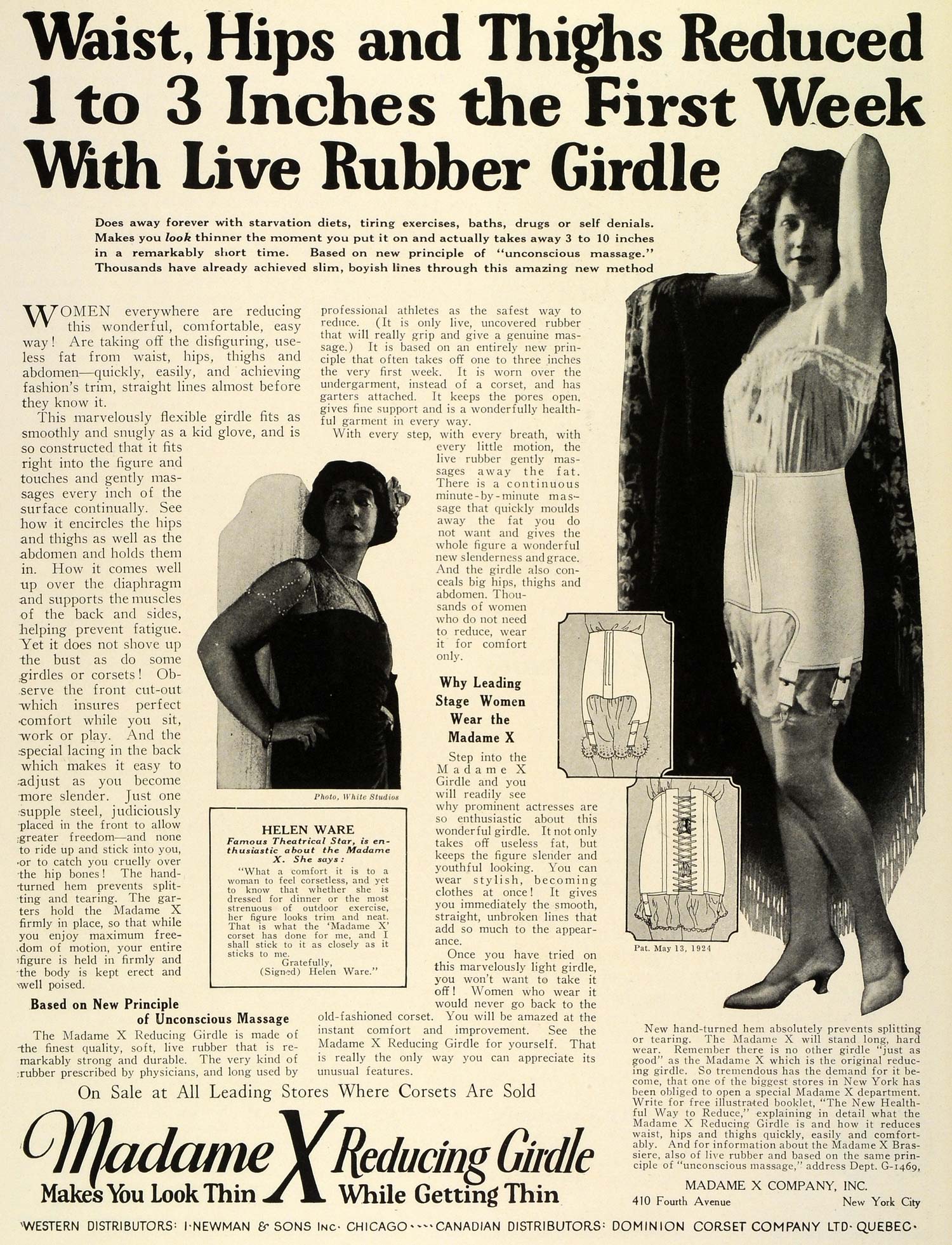 1924 Ad Madame X Reducing Rubber Girdle Celebrity Stage Film Actress Helen THM