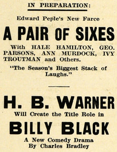 1914 Ad H. B. Warner Billy Black Edward Peple Parsons - ORIGINAL THR1