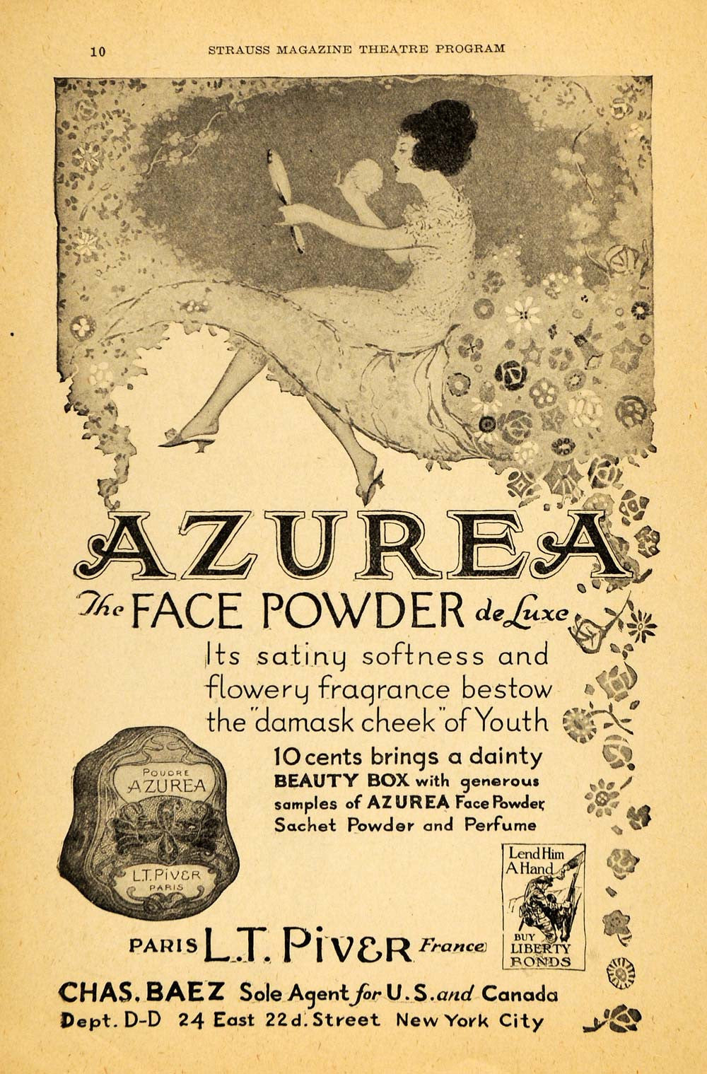1918 Ad Azurea Face Powder Satin Charles Baez Mirror - ORIGINAL ADVERTISING THR1