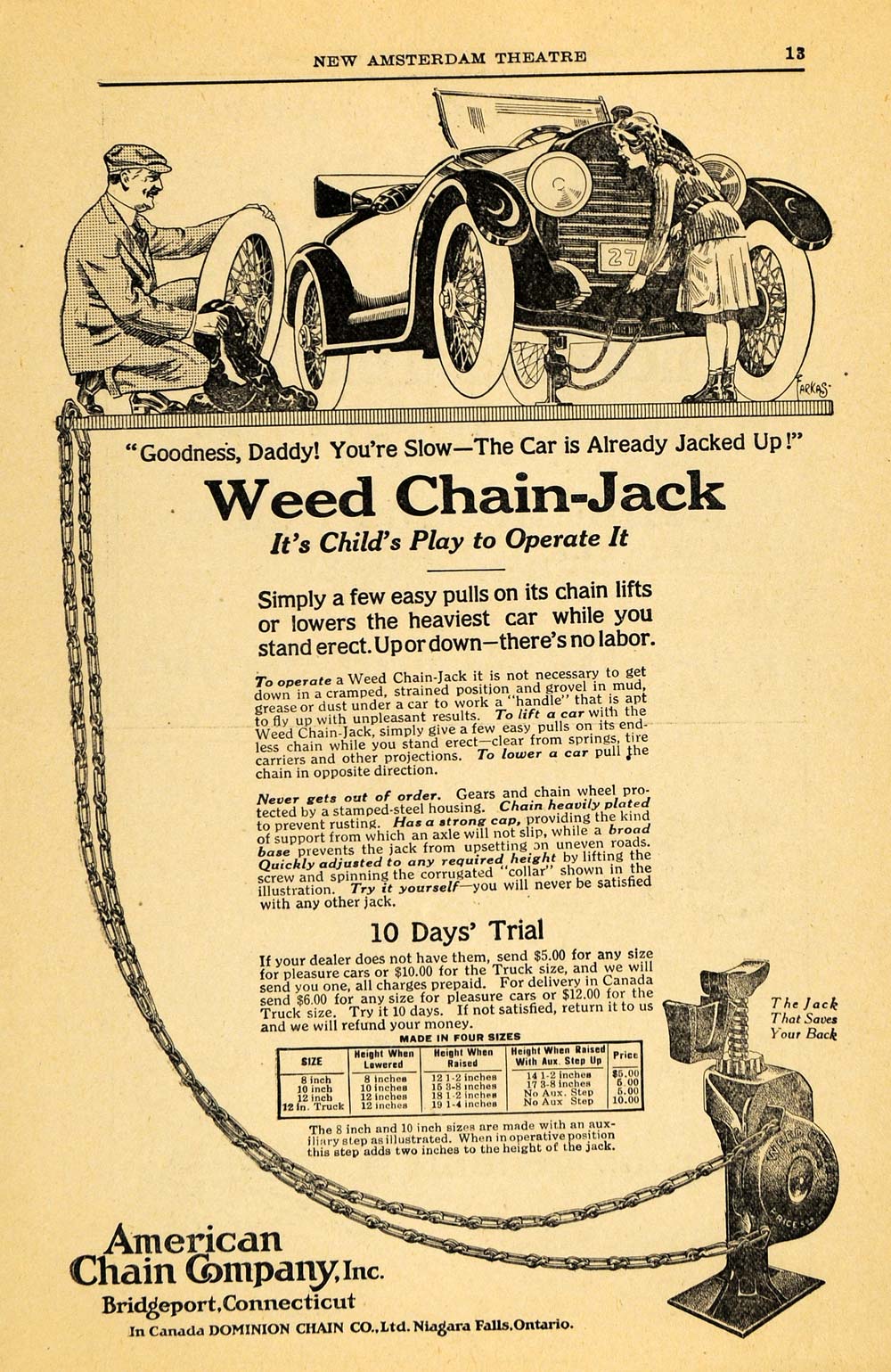 1918 Ad Weed Chain Jack American Bridgeport Automobile - ORIGINAL THR1