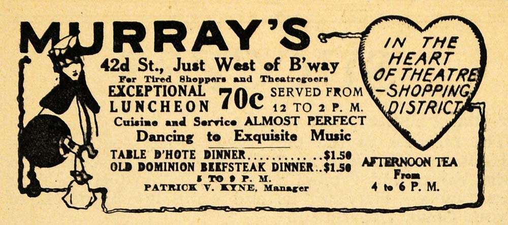 1918 Ad Murray's Lunch Theatre Beefsteak Dinner Kyne - ORIGINAL ADVERTISING THR1