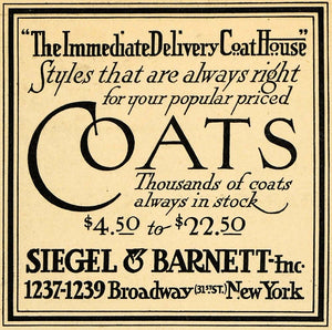 1918 Ad Siegel Barnett Coat Clothing Style Fashion - ORIGINAL ADVERTISING THR1