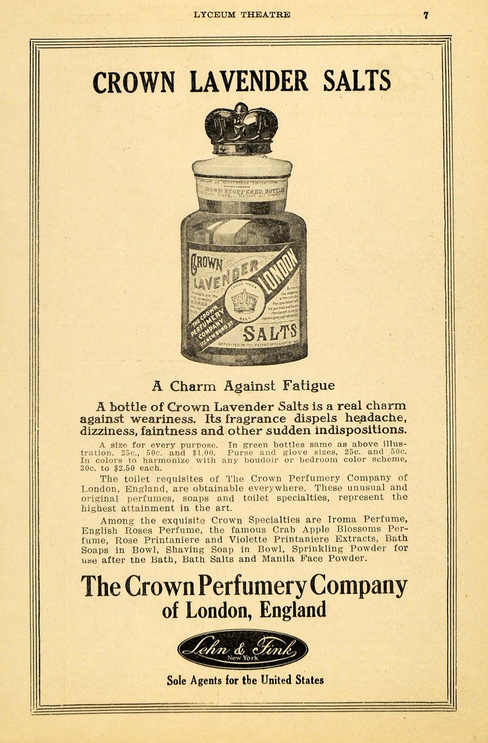 1915 Ad Crown Lavender Salts Perfume Fatigue Headache - ORIGINAL THR1