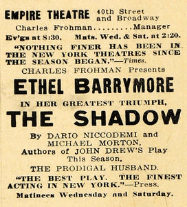 1915 Ad Ethel Barrymore Shadow Empire Theatre Frohman - ORIGINAL THR1