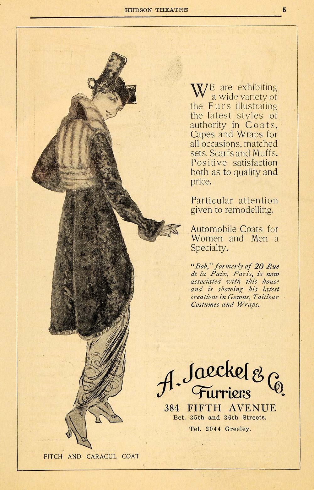 1914 Ad A. Jaeckel Furrier Coat Fitch Caracul Cape Wrap - ORIGINAL THR1