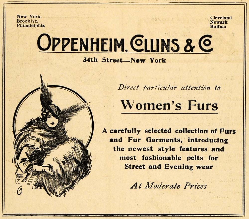 1914 Ad Oppenheim Collins Women Fur Clothing Hat Pelt - ORIGINAL THR1