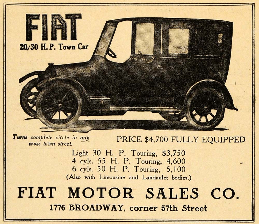 1914 Ad Fiat Motor Sales Automobile Broadway Car Town - ORIGINAL THR1