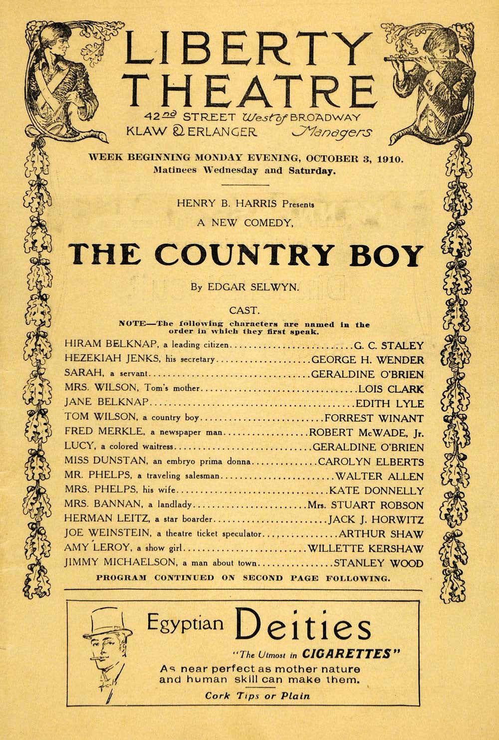 1910 Ad Country Boy Theatre Selwyn Staley Wender Winant - ORIGINAL THR1