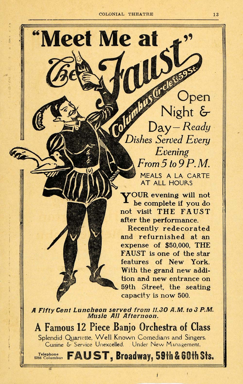 1910 Ad Faust Dinner Club Banjo Orchestra Entertainment - ORIGINAL THR1