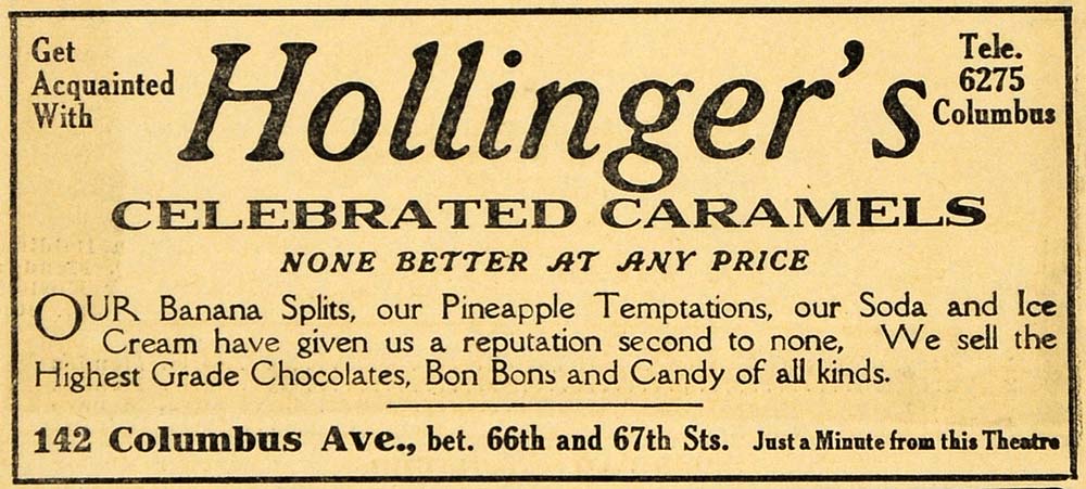 1910 Ad Hollinger's Caramels Banana Splits Candy Soda - ORIGINAL THR1
