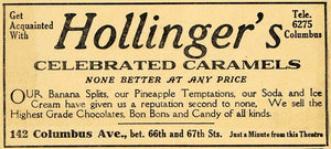 1910 Ad Hollinger's Caramels Banana Splits Candy Soda - ORIGINAL THR1