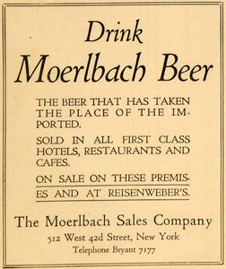1915 Ad Moerlbach Brewed Beer Reisenweber's New York - ORIGINAL ADVERTISING THR1