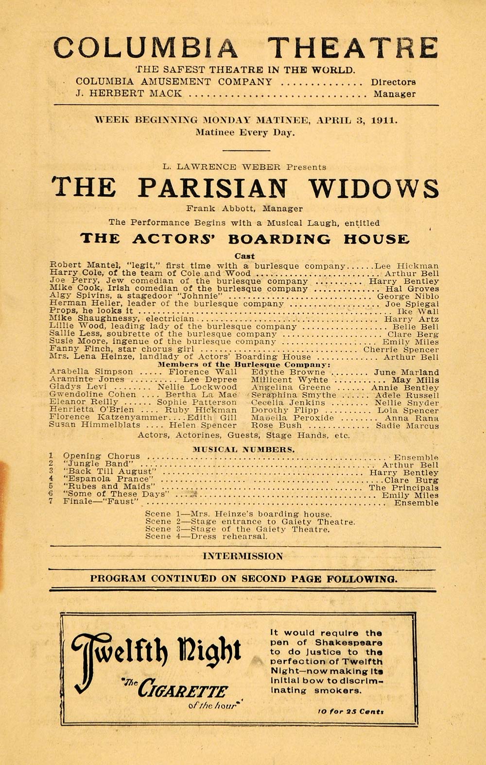 1911 Print Columbia Theatre's Parisian Widows Cast List ORIGINAL HISTORIC THR1