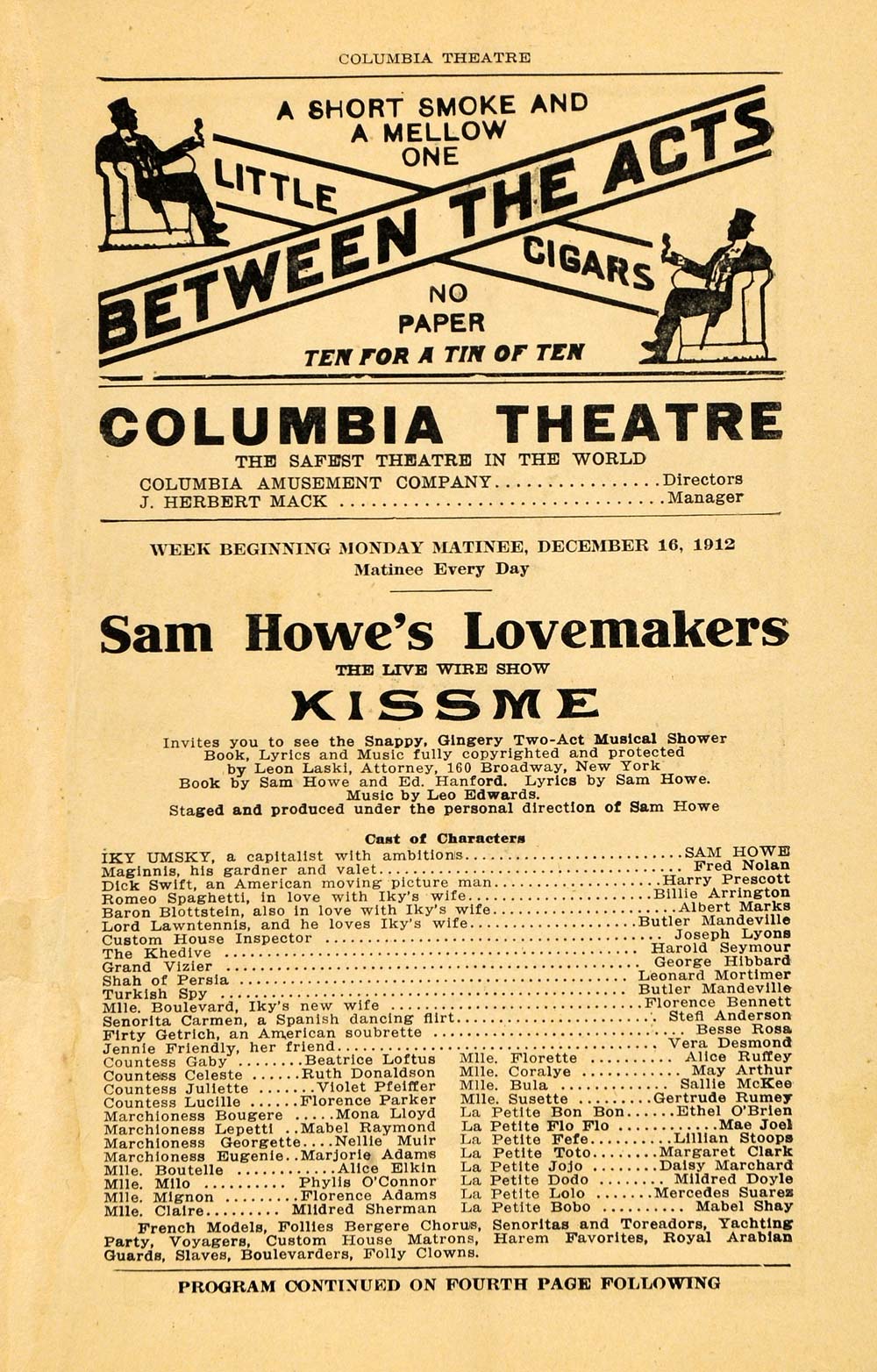 1912 Print Columbia Theatre Sam Howe Lovemaker Cast - ORIGINAL HISTORIC THR1