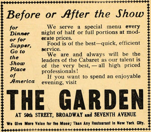 1912 Ad Garden Cabaret Fine Dining Restaurant New York - ORIGINAL THR1